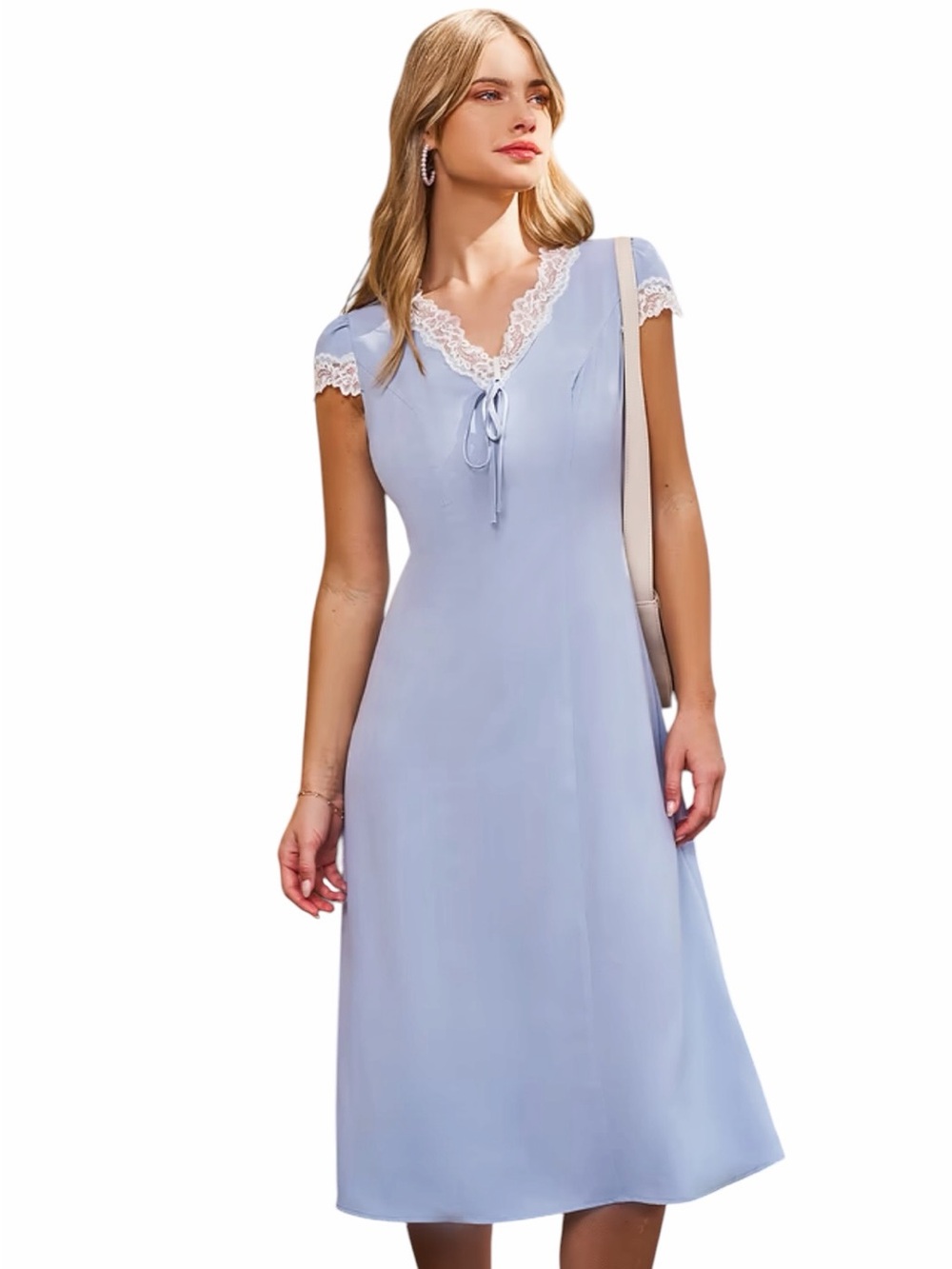 Cupshe Soft Blue Lace Short Sleeve Midi Dress